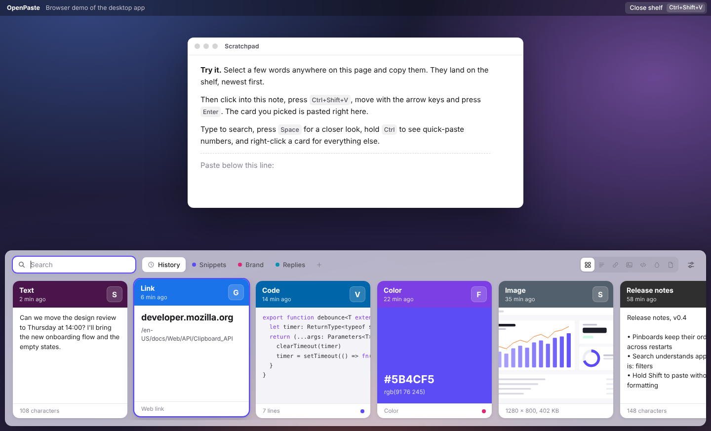 The OpenPaste shelf open below a notes window, with text, link, code, color and image cards